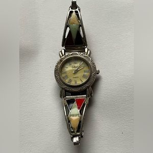 Vintage Collezio Southwestern Enamel Inlay Quartz Watch Silver Tone Flex Band